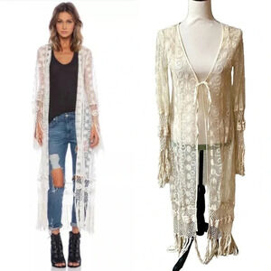 Band of Gypsies Beige Lace Crochet Fringe Boho Hippie Open Front Cardigan XS